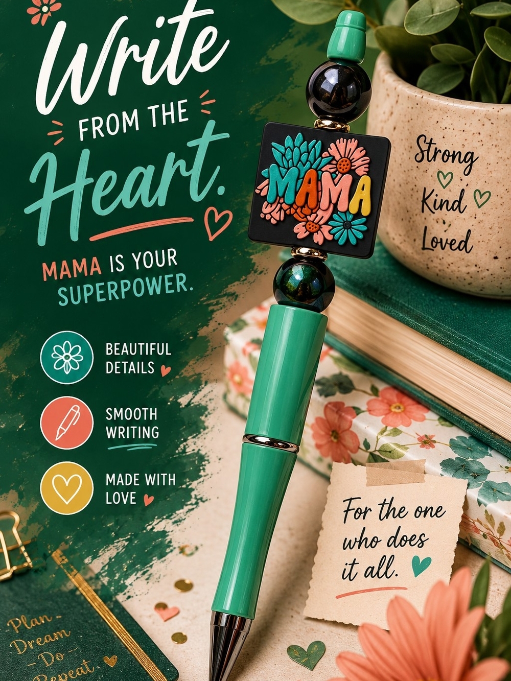 Mama Floral Green Beaded Pen
